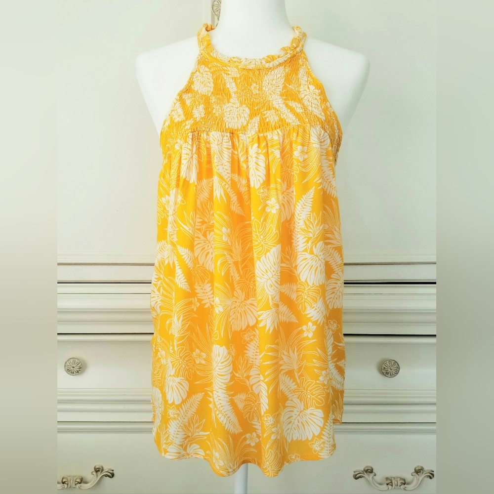 Rachel Zoe Orange Tropical Floral Sleeveless High Neck Smocked Top Small NWT